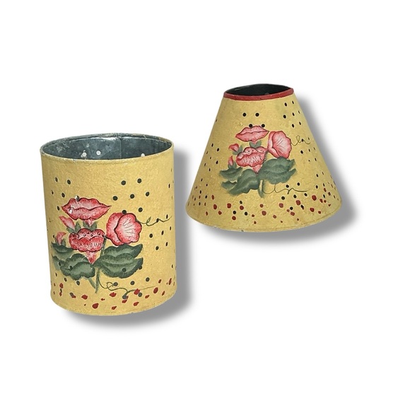 Vintage Hand Painted Galvanized Metal Jar Candle Lamp Yellow Floral 2000 - Picture 2 of 16